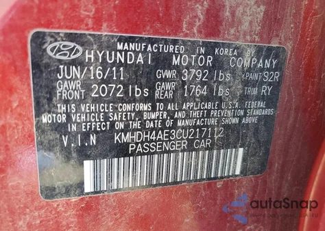 2012 Hyundai Elantra Gls z USA, uszkodzony, nr VIN KMHDH4AE3CU217112